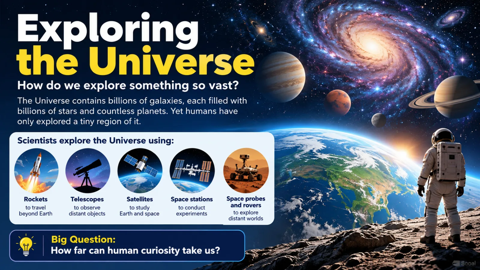 How we explore the universe: rockets, telescopes, satellites, space stations and space probes