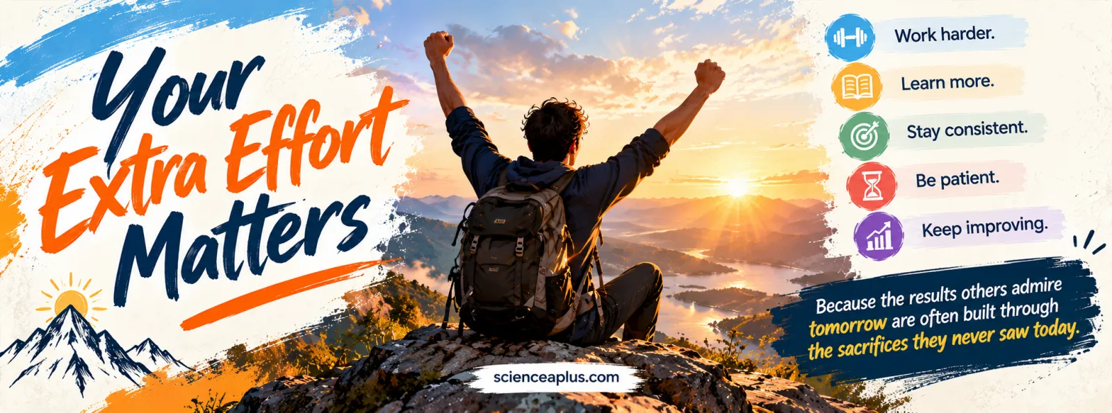 Banner titled Your Extra Effort Matters, with a hiker raising both arms at sunrise and five reminders: work harder, learn more, stay consistent, be patient, keep improving
