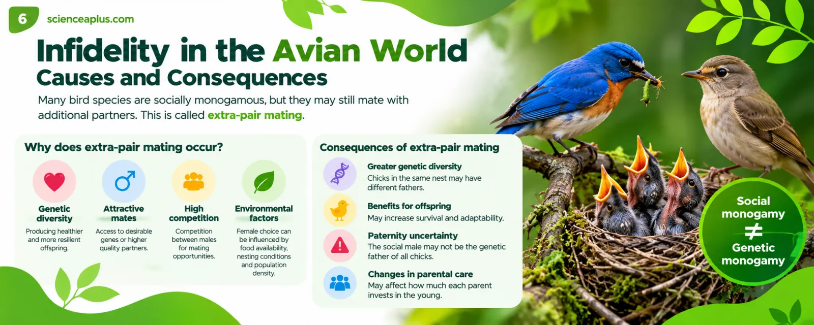 Infographic: many bird species are socially monogamous but may still mate with additional partners (extra-pair mating); causes include genetic diversity, attractive mates, competition and environment; consequences include chicks with different fathers and paternity uncertainty; social monogamy is not the same as genetic monogamy