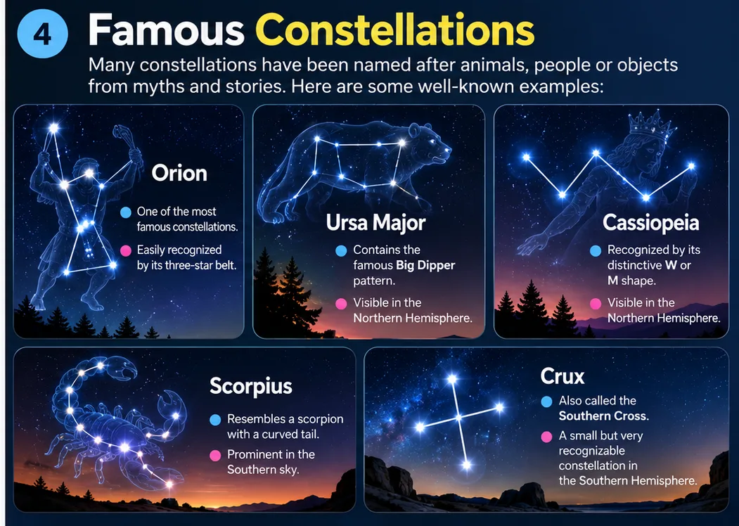 Famous constellations: Orion, Ursa Major with the Big Dipper, Cassiopeia, Scorpius and Crux, the Southern Cross
