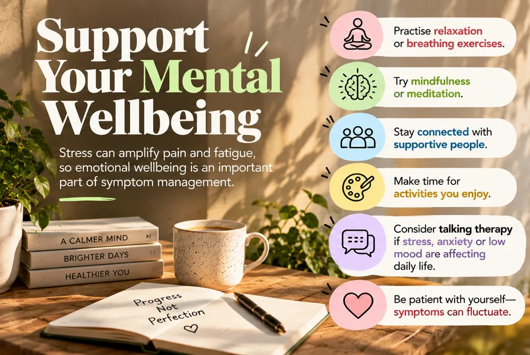 Infographic titled Support Your Mental Wellbeing: practise relaxation or breathing exercises, try mindfulness or meditation, stay connected, make time for activities you enjoy, consider talking therapy, be patient with yourself
