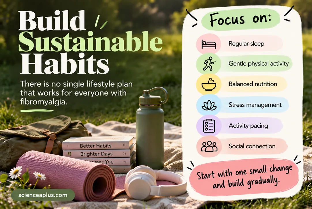 Infographic titled Build Sustainable Habits: focus on regular sleep, gentle physical activity, balanced nutrition, stress management, activity pacing and social connection; start with one small change and build gradually