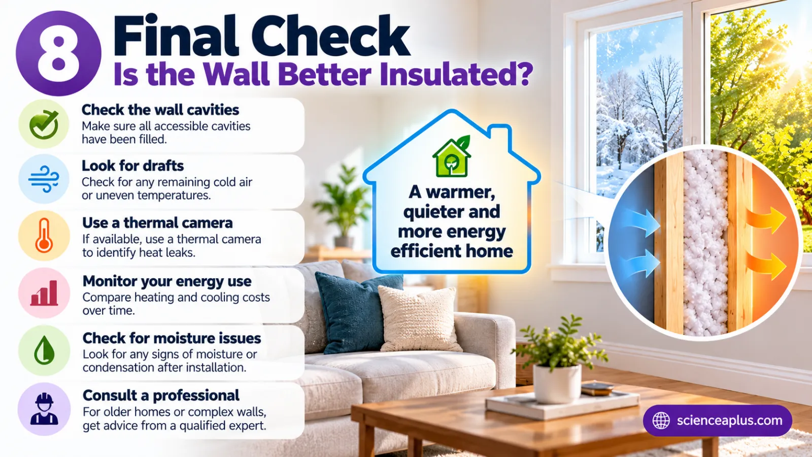 Step 8, final check: check the wall cavities, look for drafts, use a thermal camera, monitor energy use, check for moisture issues and consult a professional, beside a cross-section of insulated wall