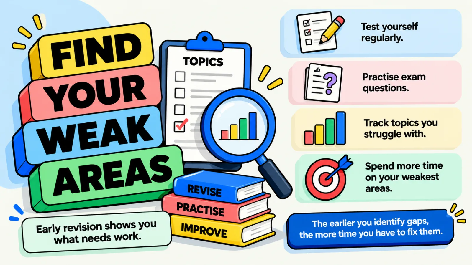 Infographic: find your weak areas — test yourself regularly, practise exam questions, track topics you struggle with and spend more time on your weakest areas