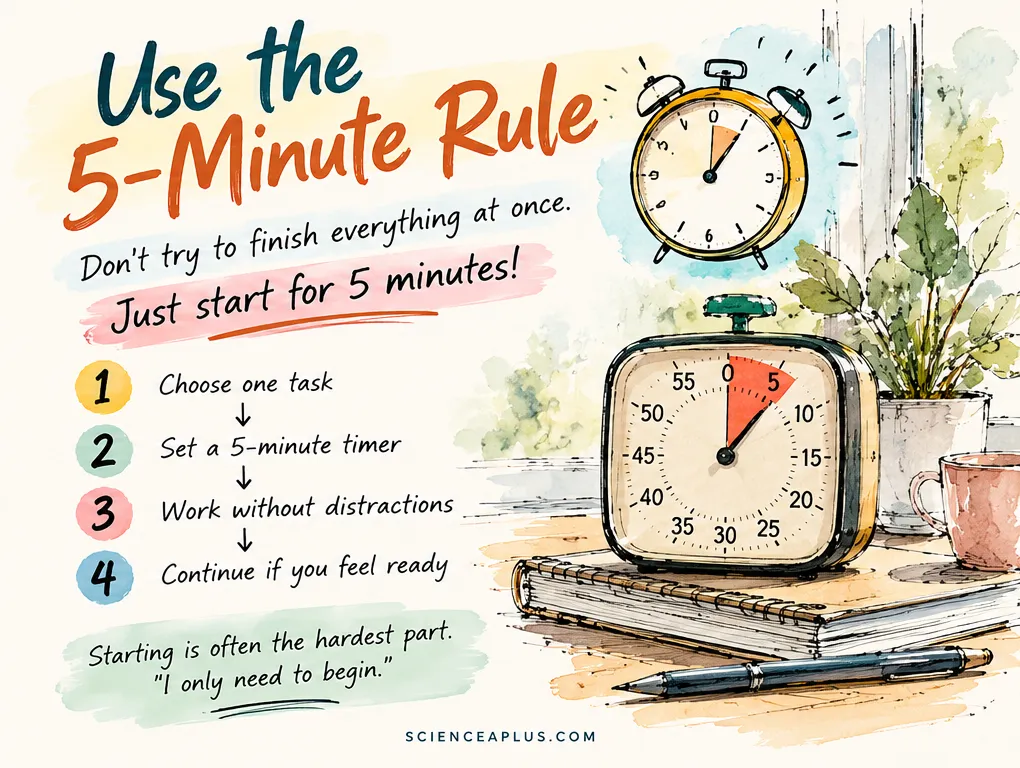 Use the 5-minute rule: choose one task, set a 5-minute timer, work without distractions, continue if you feel ready