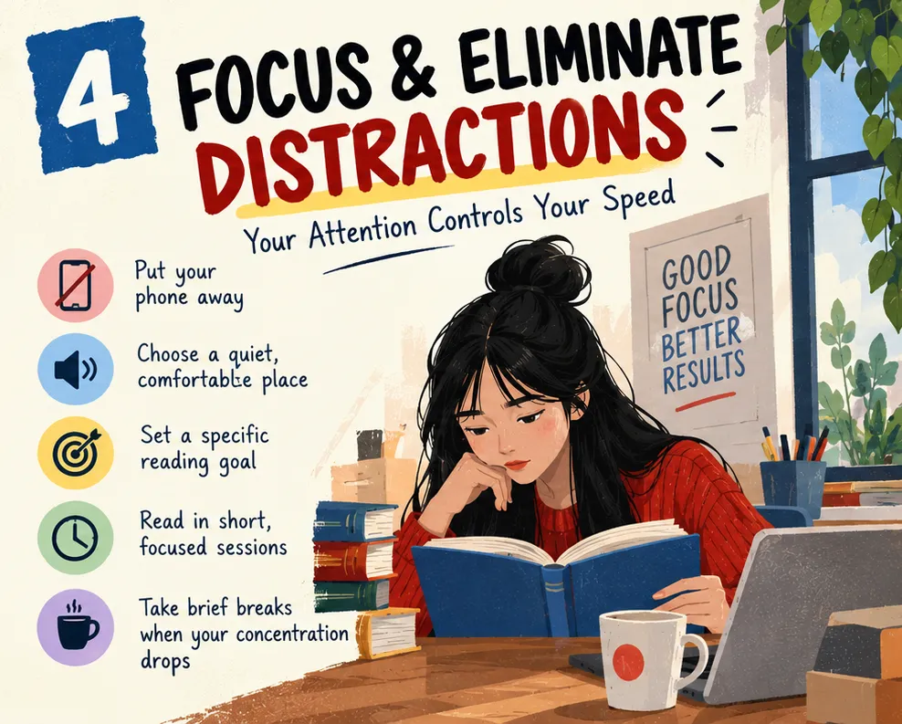 Focus and eliminate distractions: phone away, quiet place, a reading goal, short sessions and brief breaks