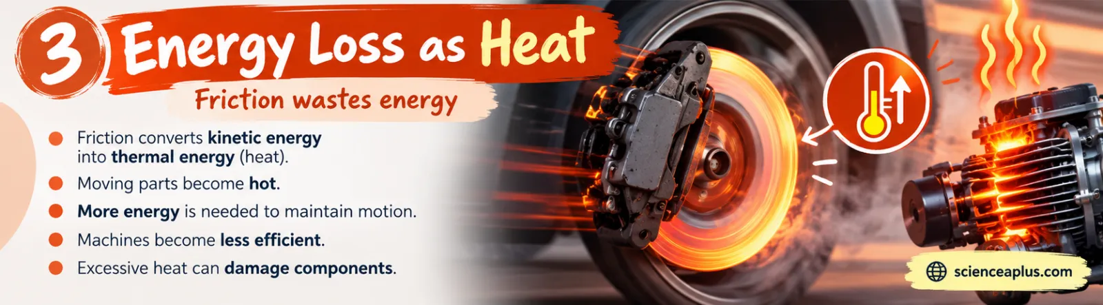 Infographic: energy loss as heat. Friction converts kinetic energy into thermal energy, moving parts become hot, more energy is needed to maintain motion, machines become less efficient and excess heat can damage components