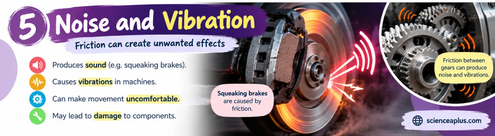 Infographic: noise and vibration. Friction produces sound such as squeaking brakes, causes vibrations in machines, can make movement uncomfortable and may lead to damage to components