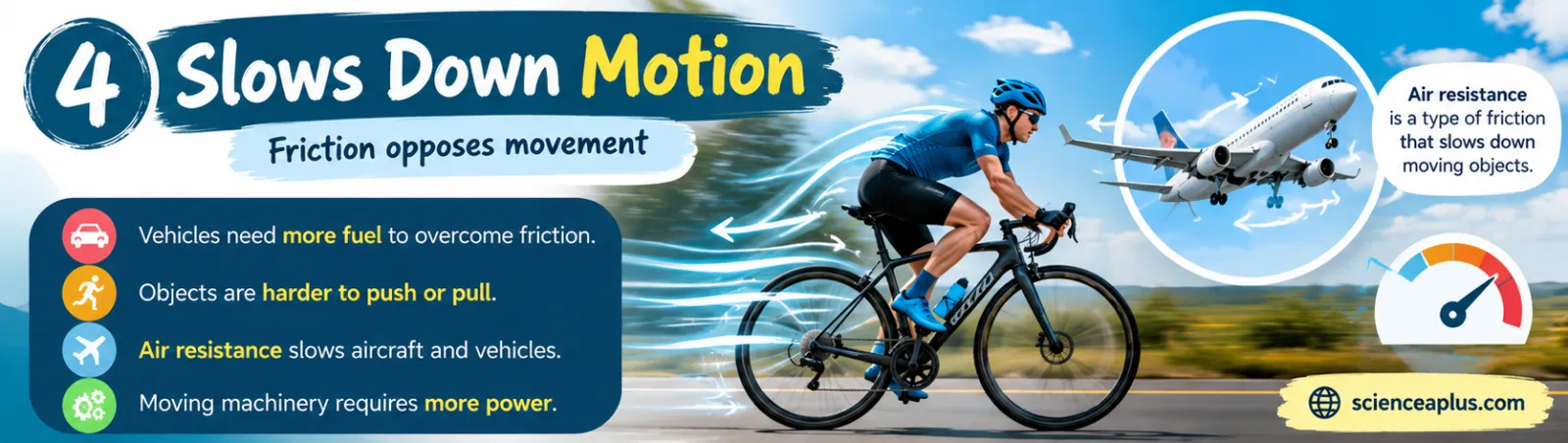 Infographic: friction slows down motion. Vehicles need more fuel to overcome friction, objects are harder to push or pull, air resistance slows aircraft and vehicles, and moving machinery needs more power