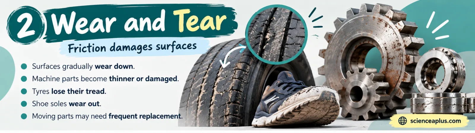 Infographic: wear and tear. Surfaces gradually wear down, machine parts become thinner or damaged, tyres lose their tread, shoe soles wear out and moving parts may need frequent replacement