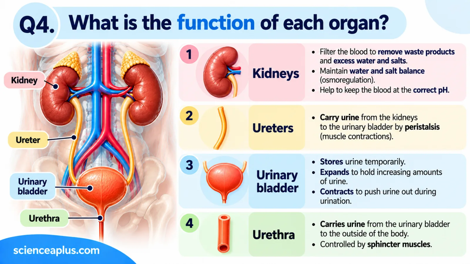 Function of each organ: kidneys filter blood and balance water, salts and pH; ureters carry urine by peristalsis; bladder stores urine; urethra releases it via sphincter muscles