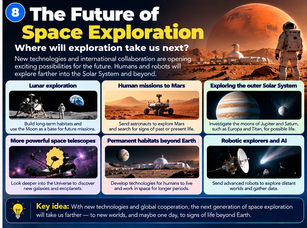 The future of space exploration: lunar bases, human missions to Mars, missions to the outer solar system, more powerful telescopes, habitats and robotic explorers