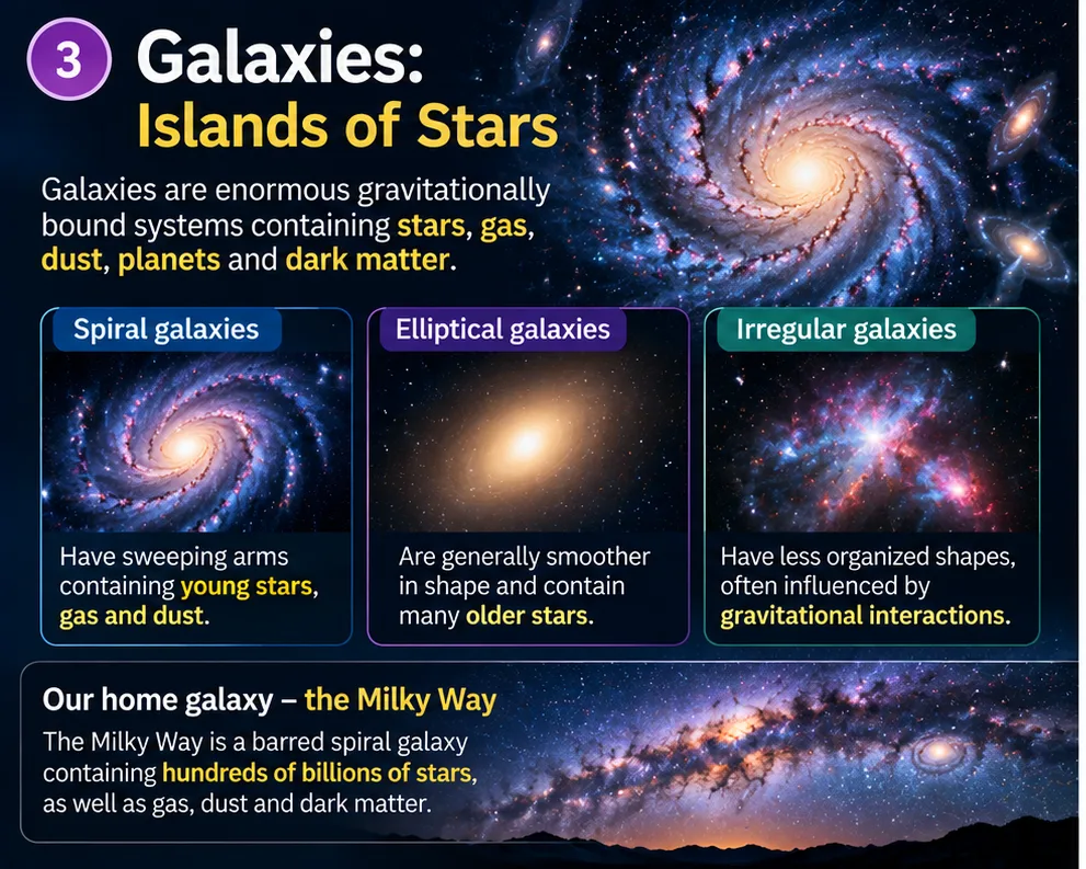 Galaxies, islands of stars: spiral, elliptical and irregular galaxies; the Milky Way is a barred spiral galaxy with hundreds of billions of stars