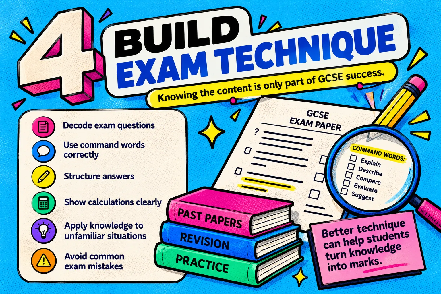 Infographic on building GCSE exam technique: decode exam questions, use command words correctly, structure answers, show calculations clearly, apply knowledge to unfamiliar situations and avoid common exam mistakes