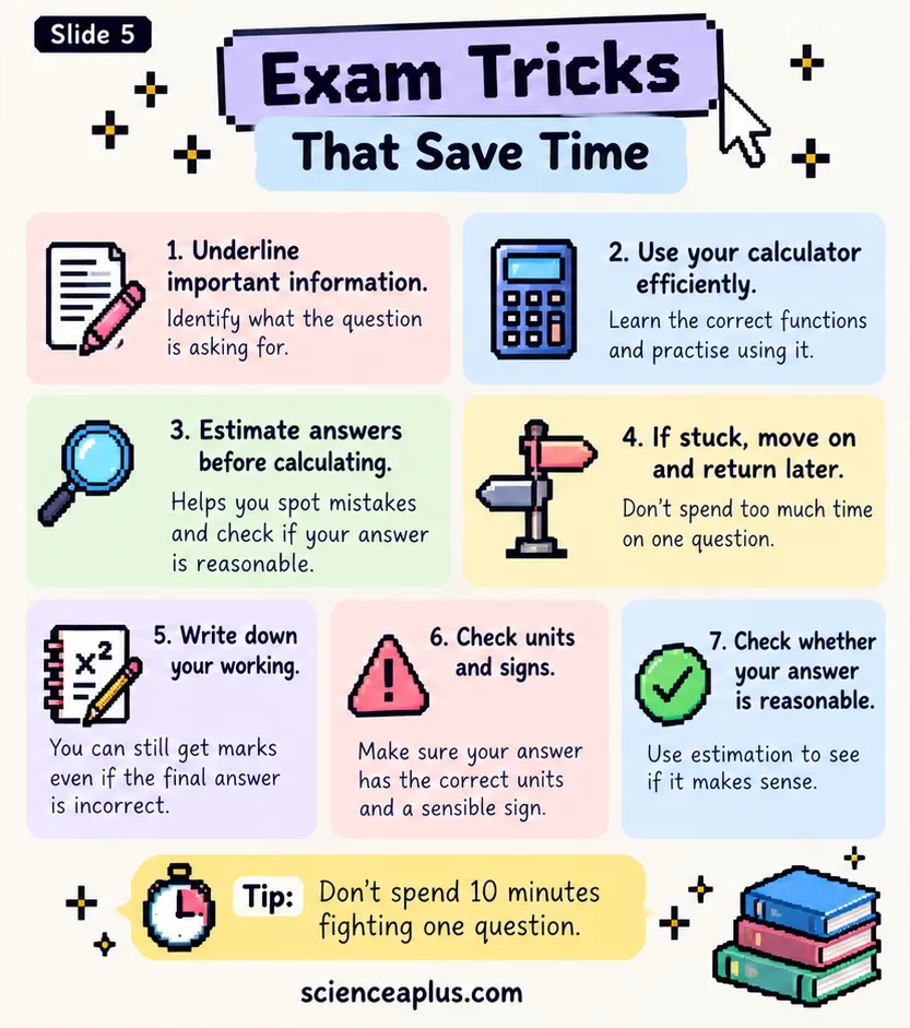 Seven exam tricks that save time: underline information, use the calculator efficiently, estimate first, move on if stuck, write down working, check units and signs, check the answer is reasonable