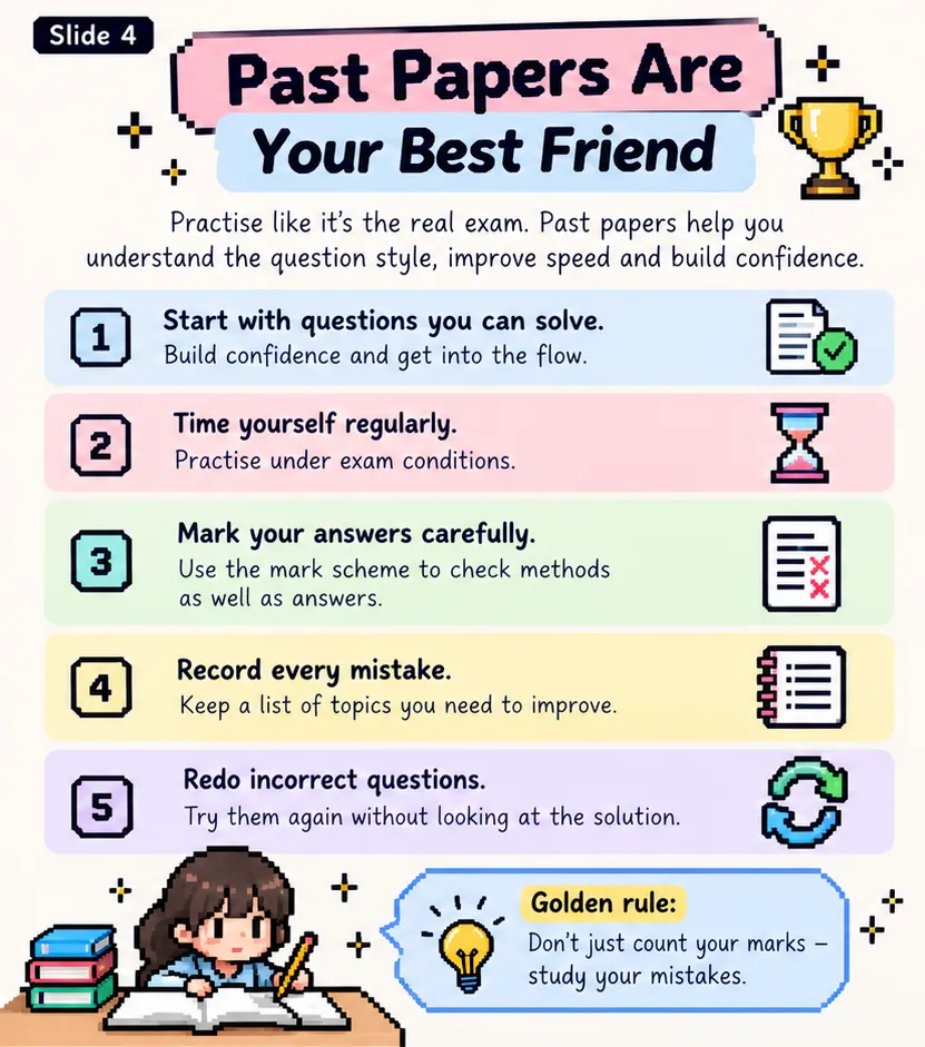 Past papers are your best friend: start with questions you can solve, time yourself, mark carefully with the mark scheme, record every mistake and redo incorrect questions