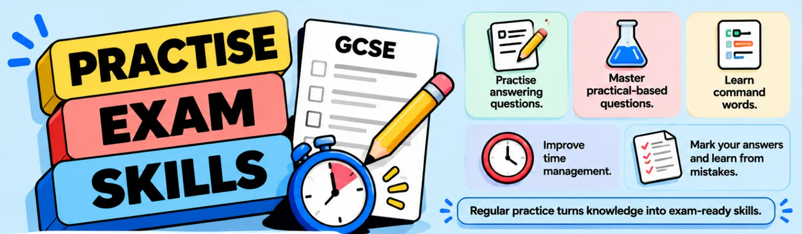 Infographic: practise exam skills — answer questions, master practical-based questions, learn command words, manage time, and mark your answers to learn from mistakes