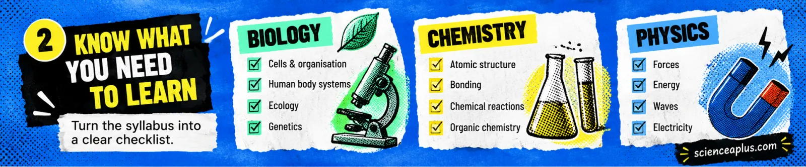 Step 2, know what you need to learn: syllabus checklists for GCSE Biology, Chemistry and Physics topics