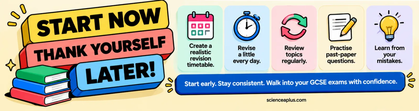 Infographic: start now, thank yourself later — create a realistic revision timetable, revise a little every day, review topics regularly, practise past-paper questions and learn from your mistakes