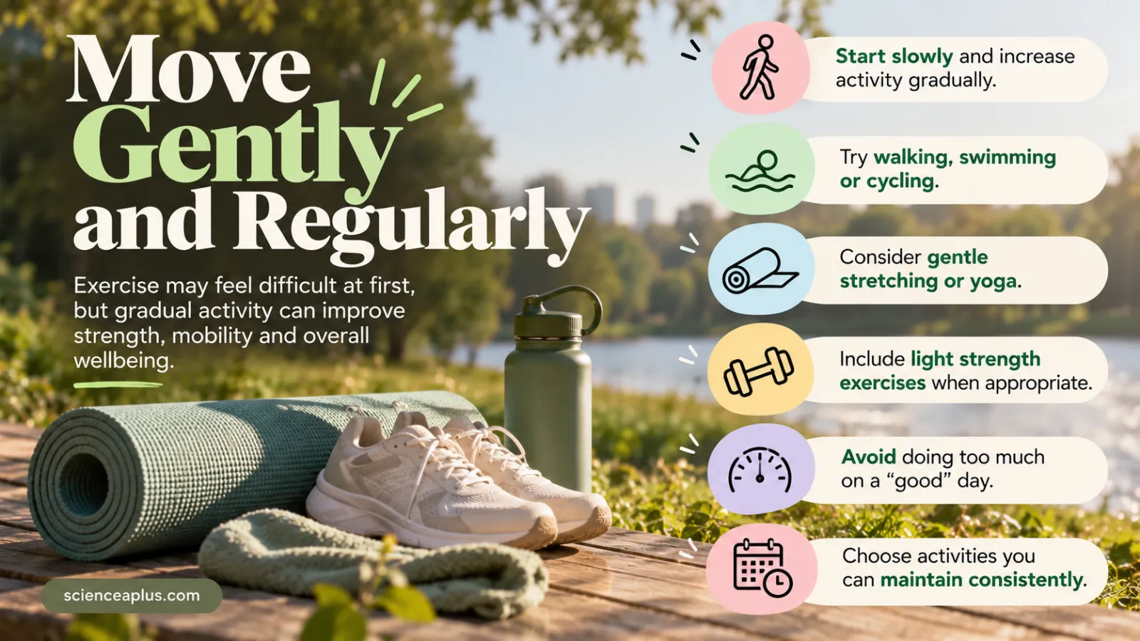 Infographic titled Move Gently and Regularly: start slowly and increase gradually, try walking, swimming or cycling, gentle stretching or yoga, light strength exercises, avoid overdoing it on a good day, choose activities you can keep up