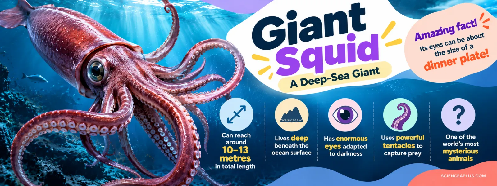 Giant squid, a deep-sea giant: reaches around 12–13 m in total length (females; males are smaller), lives deep beneath the surface and has enormous eyes about the size of a dinner plate