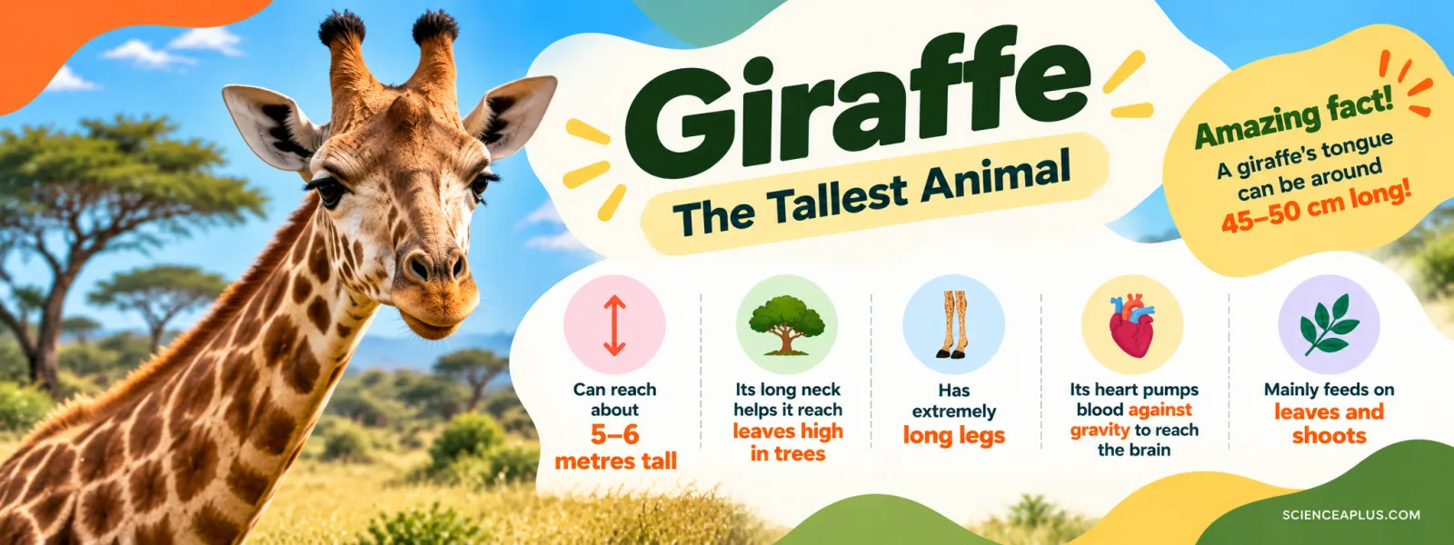 Giraffe, the tallest animal: about 5–6 m tall, long neck to reach leaves high in trees, very long legs, a strong heart and a tongue about 45–50 cm long