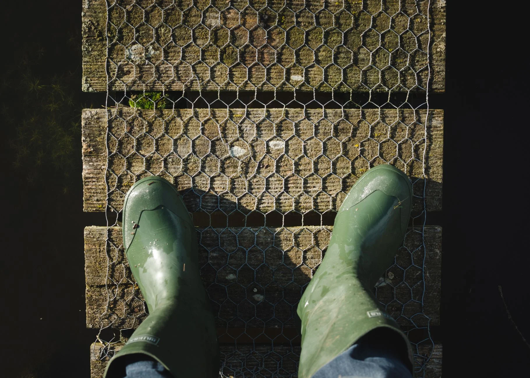 Green rubber wellington boots on a wooden bridge