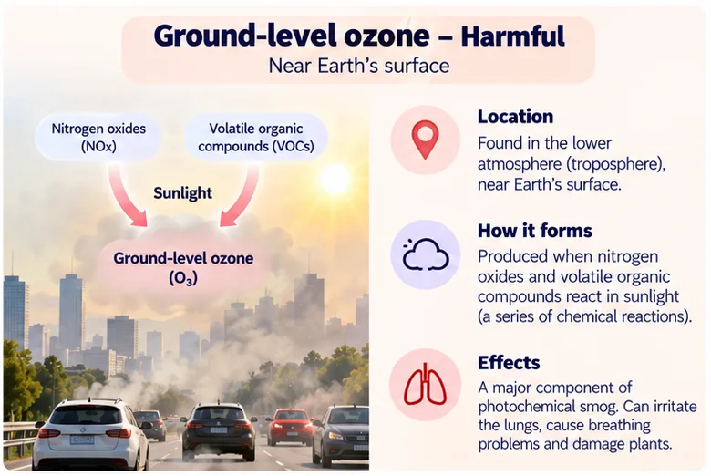 Infographic showing nitrogen oxides and VOCs reacting in sunlight to form ground-level ozone over city traffic