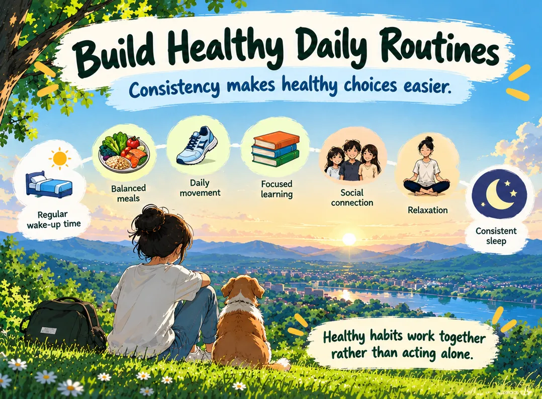 Build healthy daily routines: regular wake-up time, balanced meals, daily movement, focused learning, social connection, relaxation and consistent sleep
