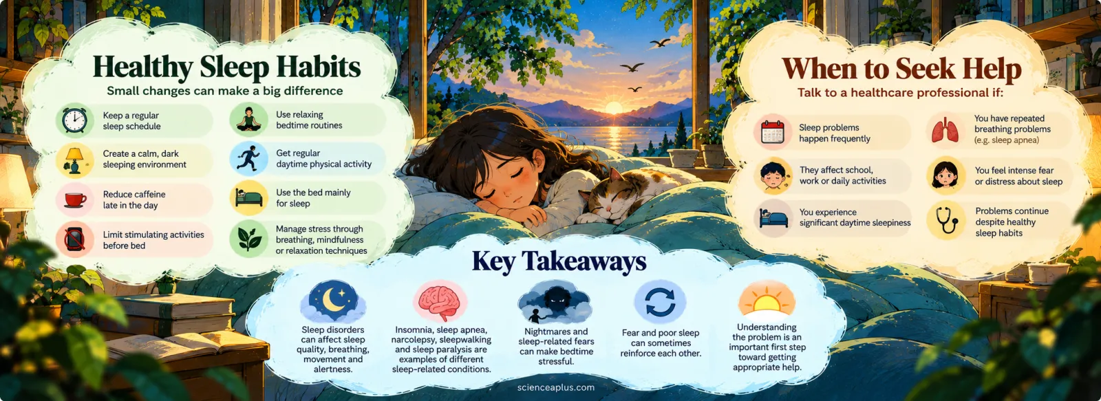 Healthy sleep habits (regular schedule, dark calm room, less caffeine late in the day, relaxing routine, daytime activity) and when to seek help (frequent sleep problems, daytime sleepiness, breathing problems, intense fear of sleep)