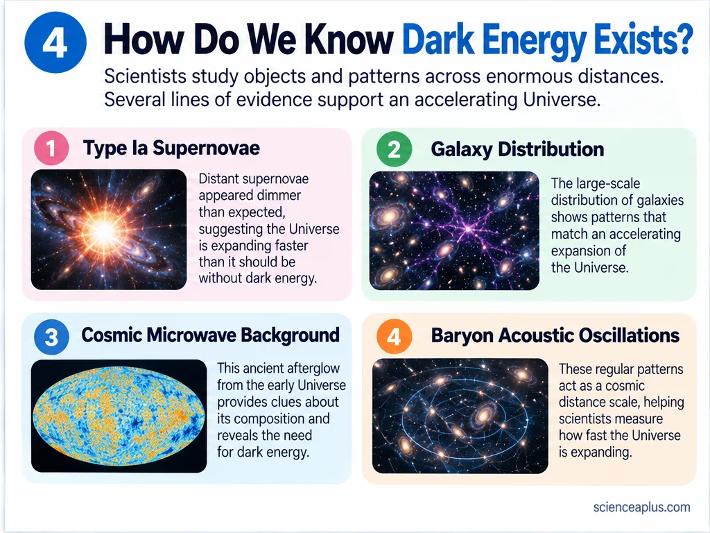 How do we know dark energy exists: type Ia supernovae, galaxy distribution, the cosmic microwave background and baryon acoustic oscillations