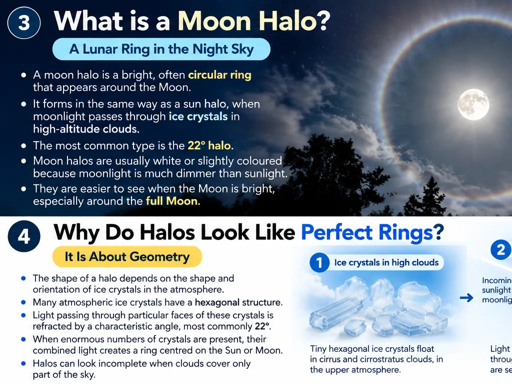 How a sun halo forms: sunlight is refracted through hexagonal ice crystals and bent by about 22 degrees, making a ring around the Sun
