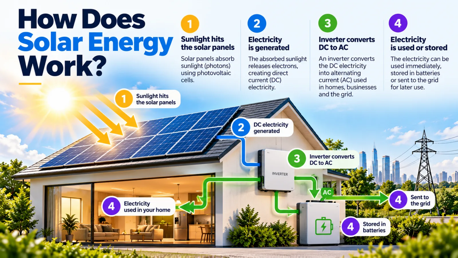 How solar energy works: sunlight hits the panels, DC electricity is generated, an inverter converts DC to AC, and the electricity is used, stored in batteries or sent to the grid