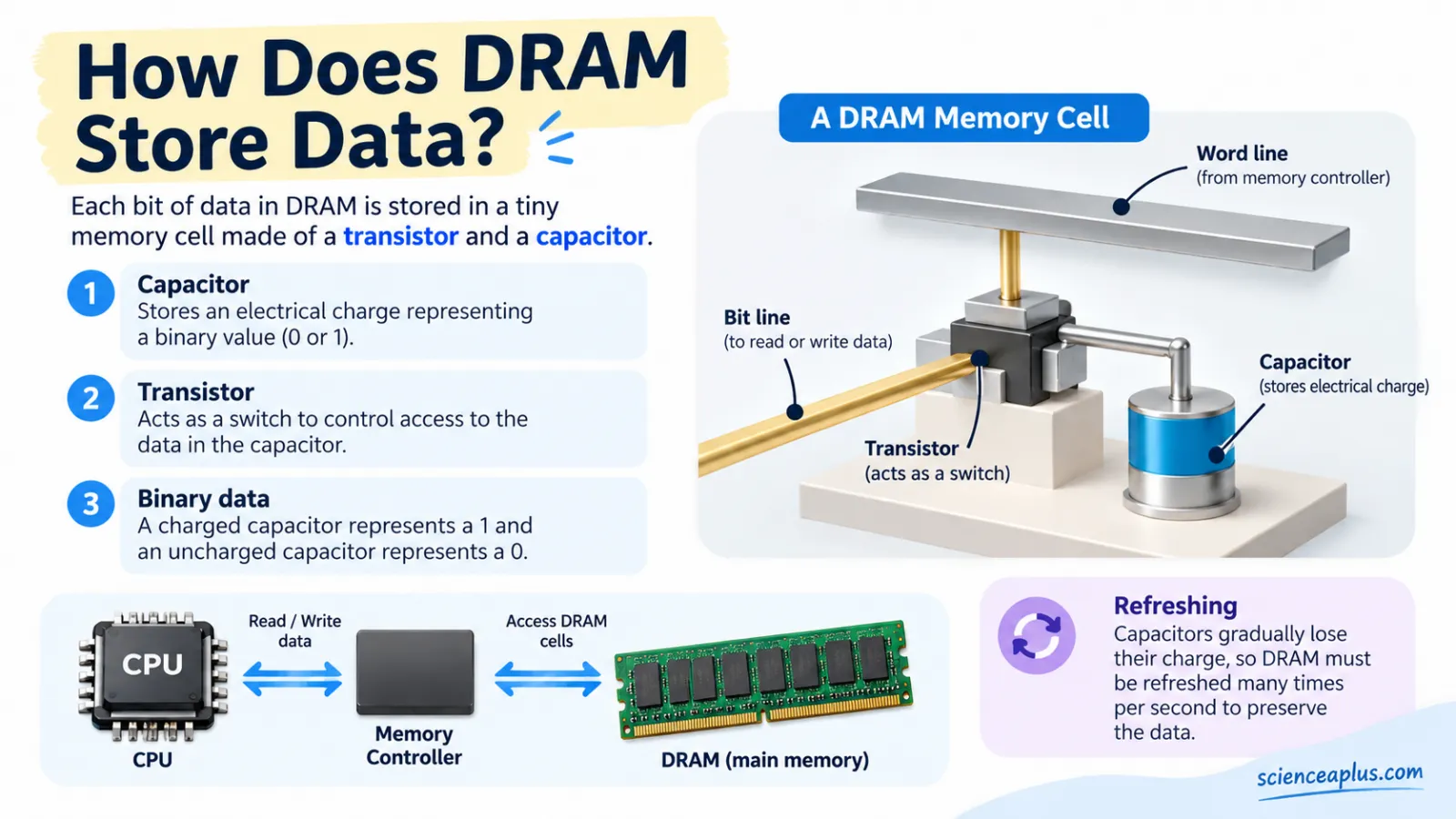 Diagram of a DRAM memory cell: a transistor switch connected to a word line and bit line, and a capacitor that stores charge for a 1 or 0