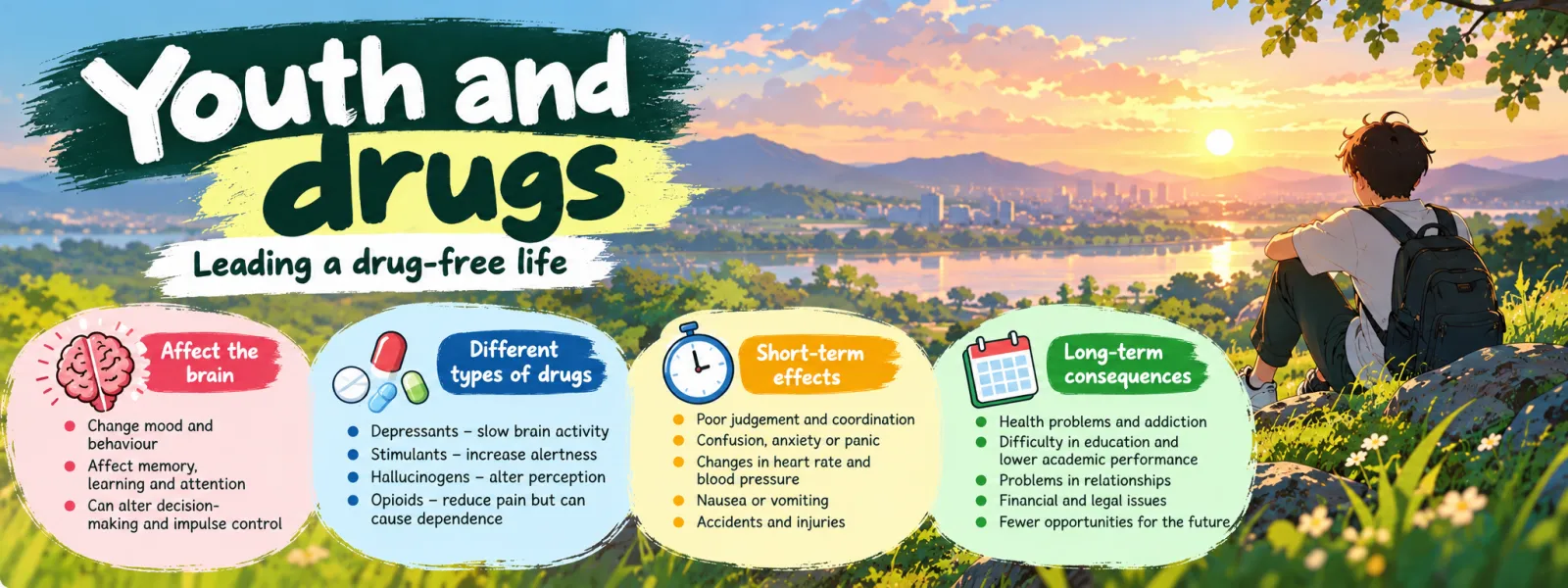 Drugs affect the brain (mood, memory, decision-making); types of drugs: depressants, stimulants, hallucinogens and opioids; short-term effects such as poor judgement, anxiety and accidents; long-term consequences for health, education, relationships and the future