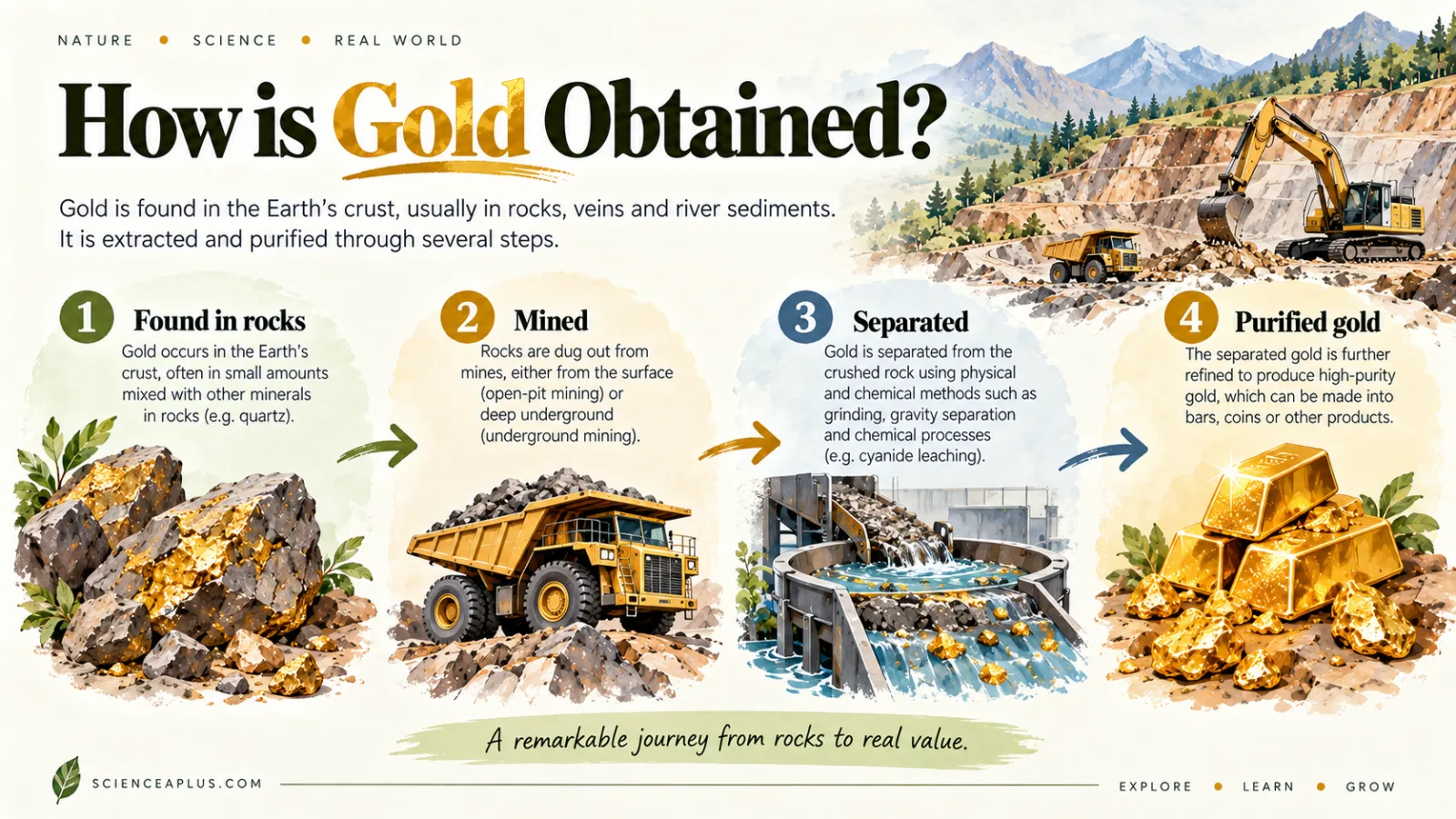 How is gold obtained infographic: gold found in rocks, mined, separated by grinding, gravity and cyanide leaching, then purified into bars