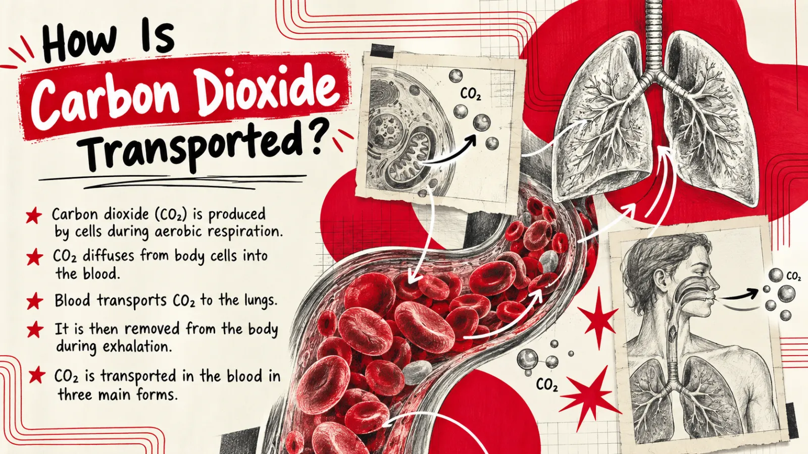 Infographic showing carbon dioxide made by cells in aerobic respiration, diffusing into the blood, travelling to the lungs and being exhaled