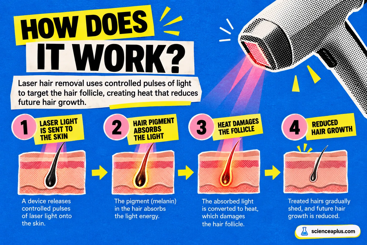 Four-step diagram: laser light is sent to the skin, melanin in the hair absorbs it, heat damages the follicle, and treated hairs shed with reduced future growth
