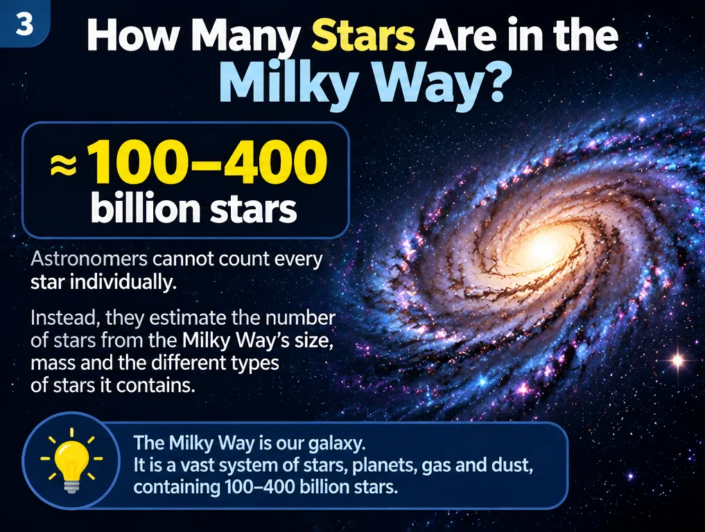 How many stars are in the Milky Way: about 100 to 400 billion, estimated from the galaxy’s size, mass and the types of stars it contains