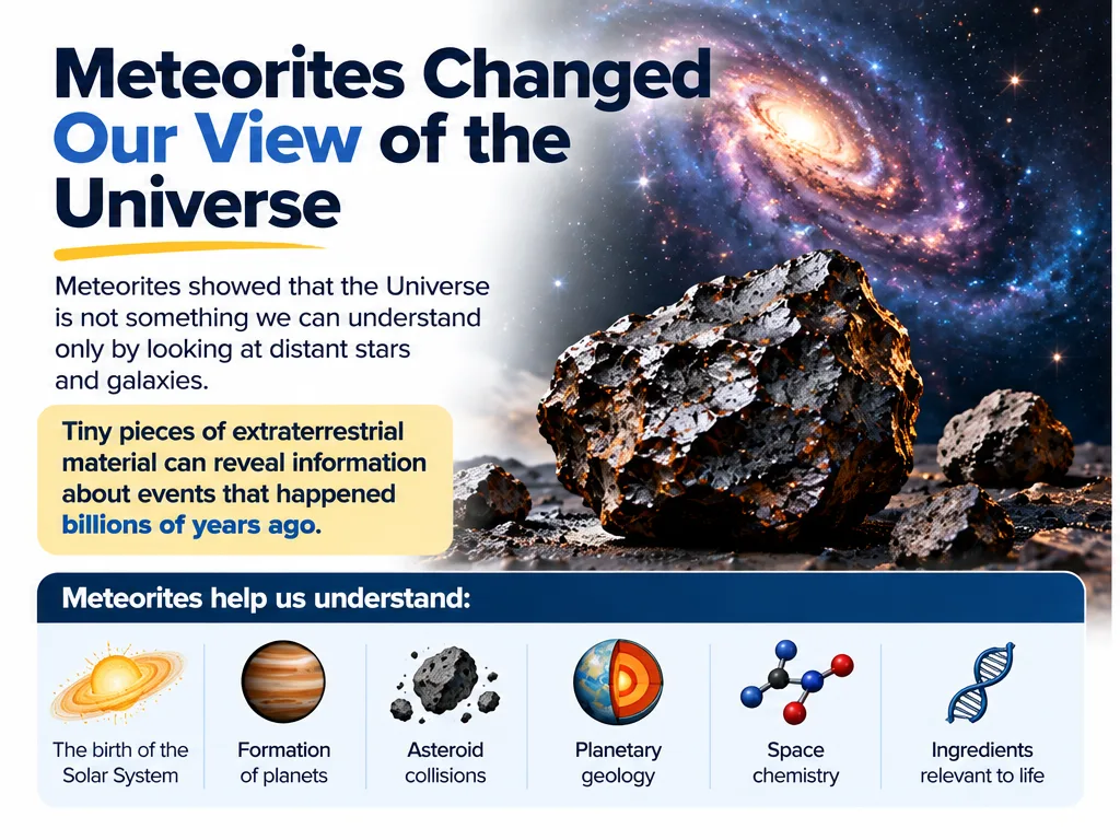 Meteorites changed our view of the universe: they reveal the birth of the solar system, planet formation, asteroid collisions, planetary geology, space chemistry and ingredients relevant to life