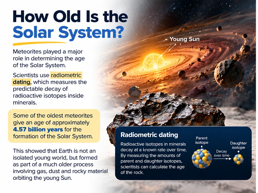 How old is the solar system: radiometric dating of the oldest meteorites gives about 4.57 billion years