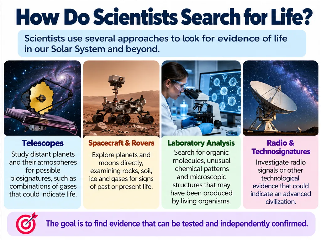 How scientists search for life: telescopes, spacecraft and rovers, laboratory analysis, and radio and technosignature searches