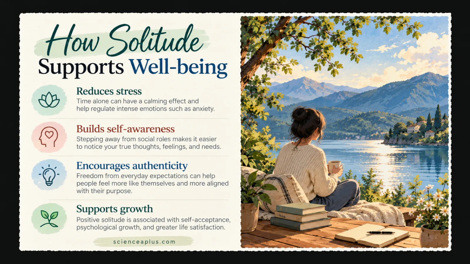 Infographic on how solitude supports well-being: reduces stress, builds self-awareness, encourages authenticity, supports growth