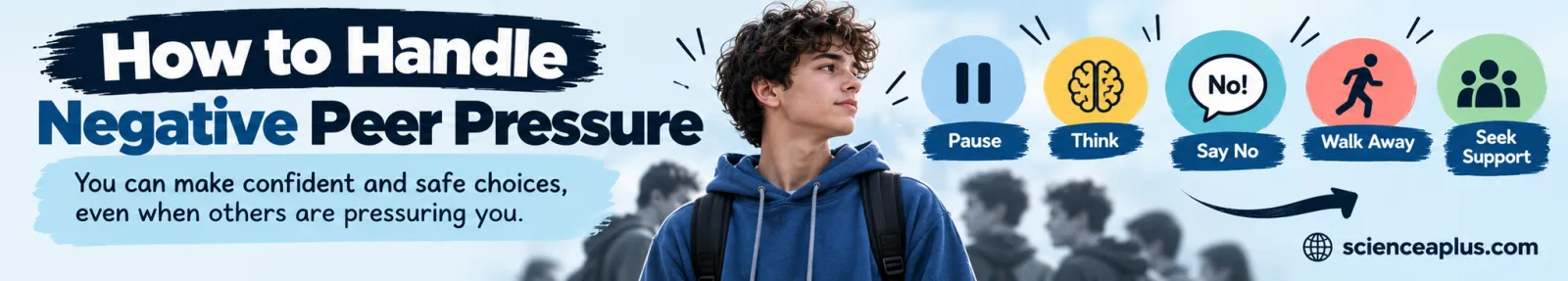 Graphic: How to handle negative peer pressure. You can make confident and safe choices even when others are pressuring you. Five steps: Pause, Think, Say No, Walk Away, Seek Support