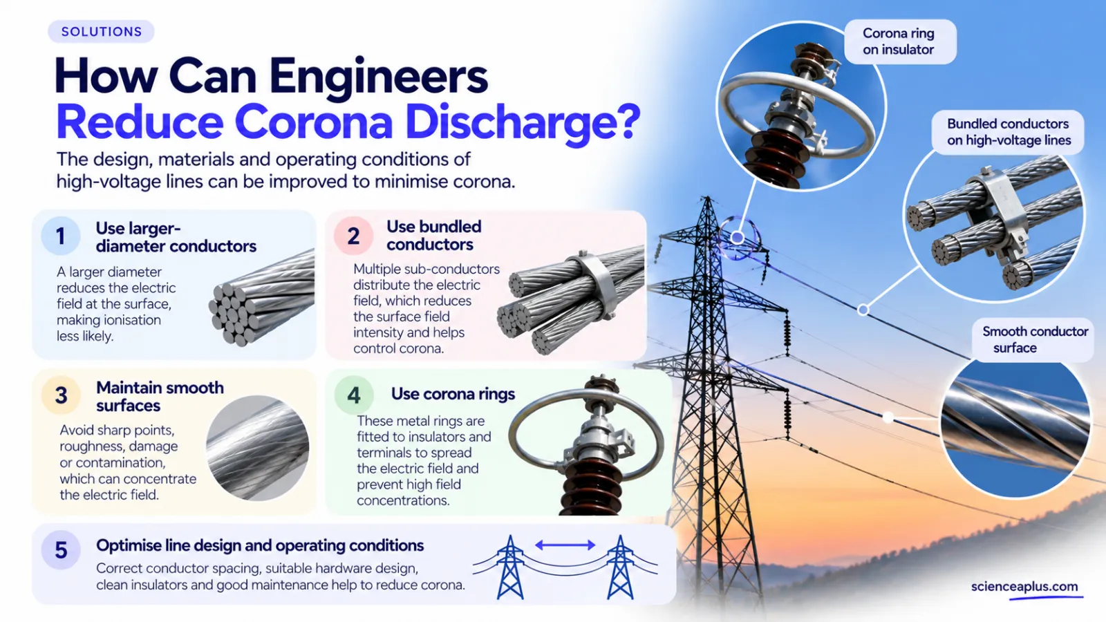 Infographic of five ways engineers reduce corona discharge: larger conductors, bundled conductors, smooth surfaces, corona rings and good line design