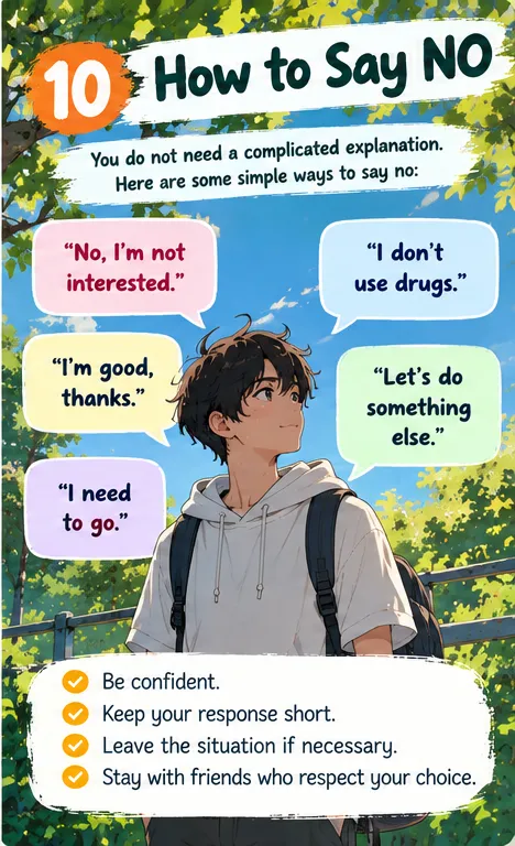 How to say no: “No, I’m not interested”, “I don’t use drugs”, “I’m good, thanks”, “Let’s do something else”, “I need to go”