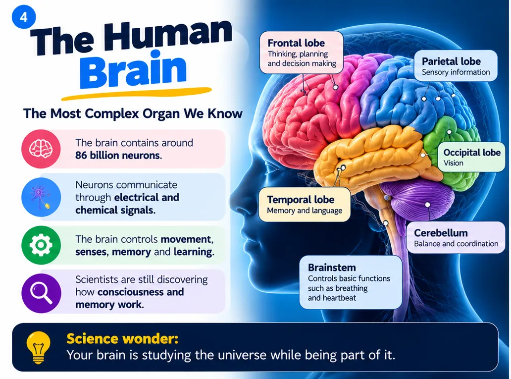 The human brain: about 86 billion neurons communicating with electrical and chemical signals; labelled frontal, parietal, occipital and temporal lobes, cerebellum and brainstem