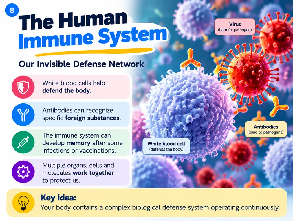 The human immune system: white blood cells defend the body, antibodies recognise specific foreign substances, and the immune system develops memory after some infections or vaccinations
