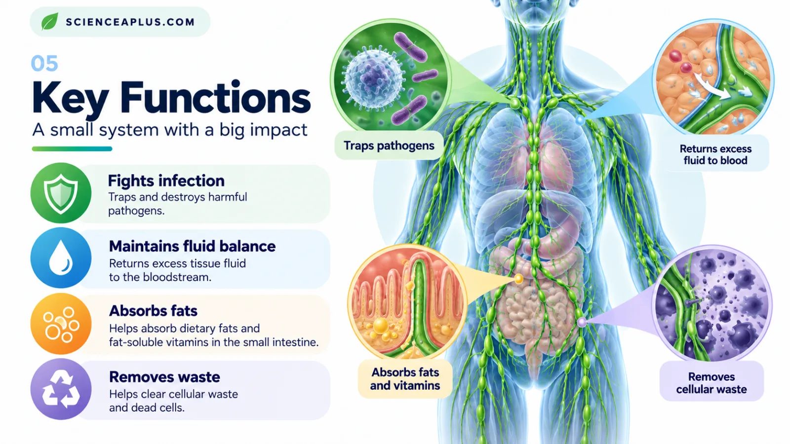 Key functions of the lymphatic system infographic: fights infection, maintains fluid balance, absorbs fats and removes cellular waste