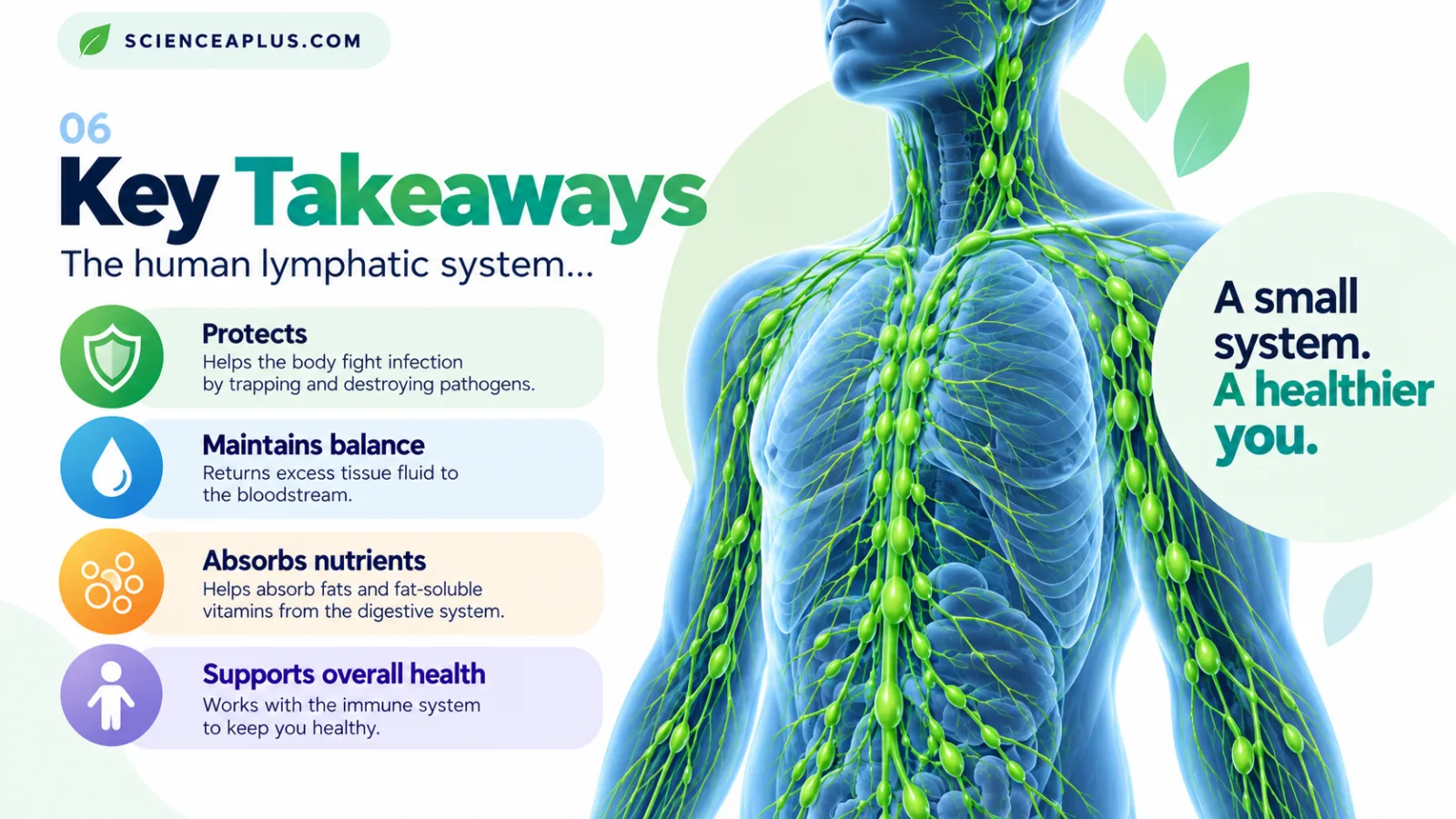 Key takeaways of the human lymphatic system: protects against infection, maintains fluid balance, absorbs nutrients and supports overall health